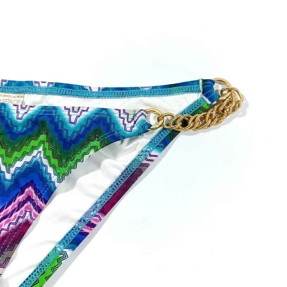 NEW L*Space Rope Chain Strape Bikini Bottom Blue Green Boho Chevron Print Small
